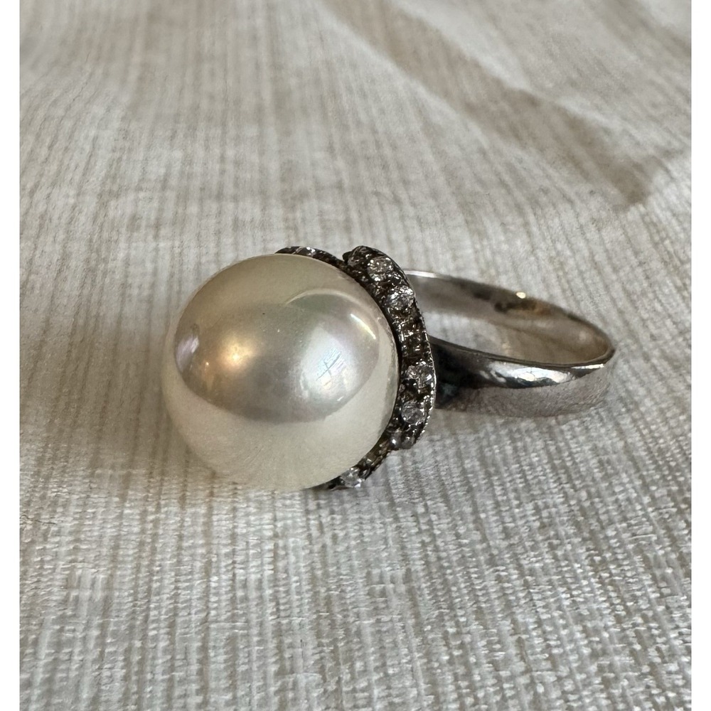 Vintage Sterling Silver 925 Pearl Ring 12mm White Pearl CZ Halo Size 11.5